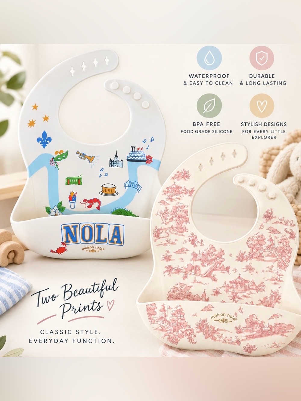 NWOT Set of 2 Maison Nola Silicone Baby Bibs with Catcher